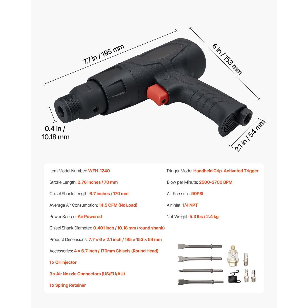 Air Hammer, 2500-2700BPM Pneumatic Hammer with 2.76-inch Stroke & 4PCS 6.7" Long Barrel Chisels, Pistol-Grip Compact Air Chisel Pneumatic Shovel Tool for Cutting Scraping Demolishing