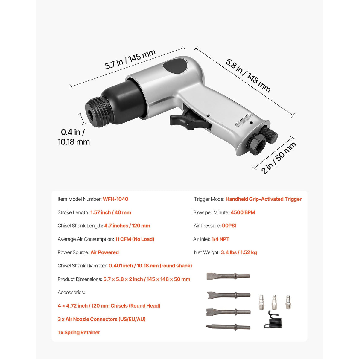 Air Hammer, 4500BPM Pneumatic Hammer with 1.57-inch Stroke & 4PCS Chisels Round Shank, Lightweight & Compact Air Chisel Pneumatic Shovel Tool for Cutting Punching Scraping