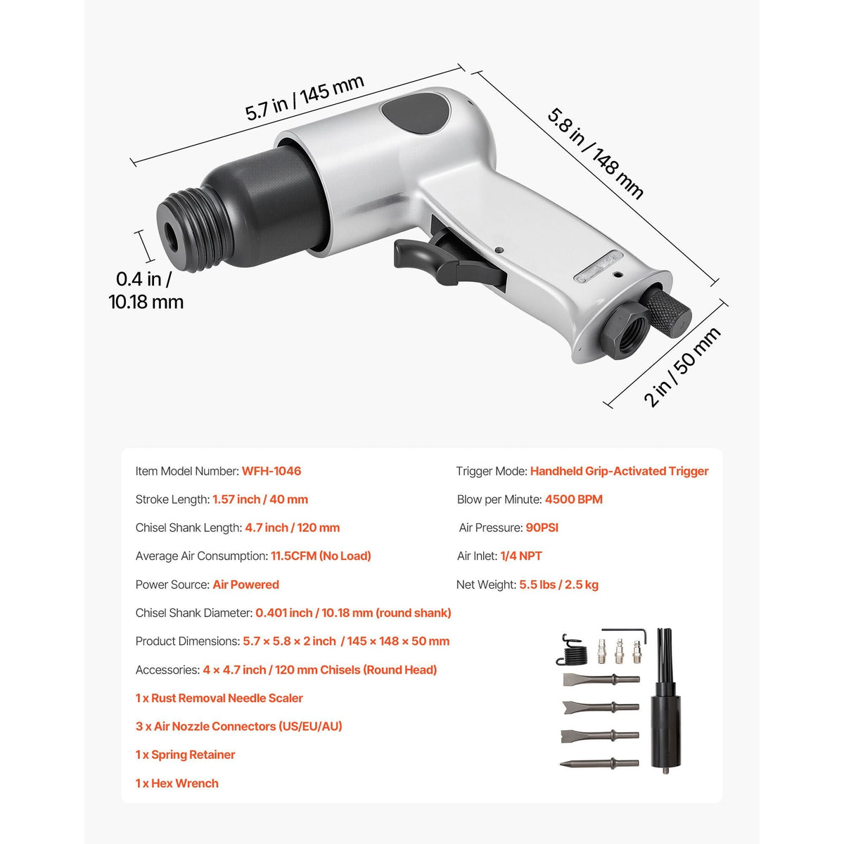 Air Hammer, 4500BPM Pneumatic Hammer with Rust Removal Air Needle Scaler & 4PCS Chisels Round Shank, Lightweight & Compact Air Chisel Pneumatic Shovel Tool for Cutting Scraping Demolishing