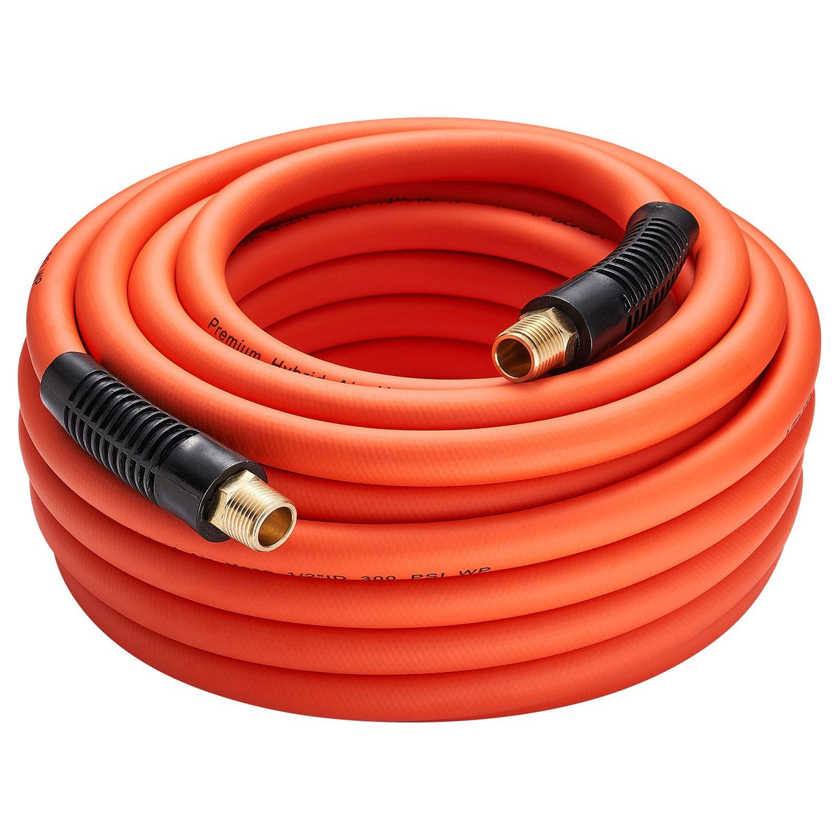 Air Hose, 1/2" x 50ft Hybrid Air Hose, Lightweight, Kink Resistant, Pneumatic Hoses with 1/2 inch Solid Brass Male Fittings, Three-Layer Hybrid Material, 300 PSI, All-Weather Flexibility, Orange