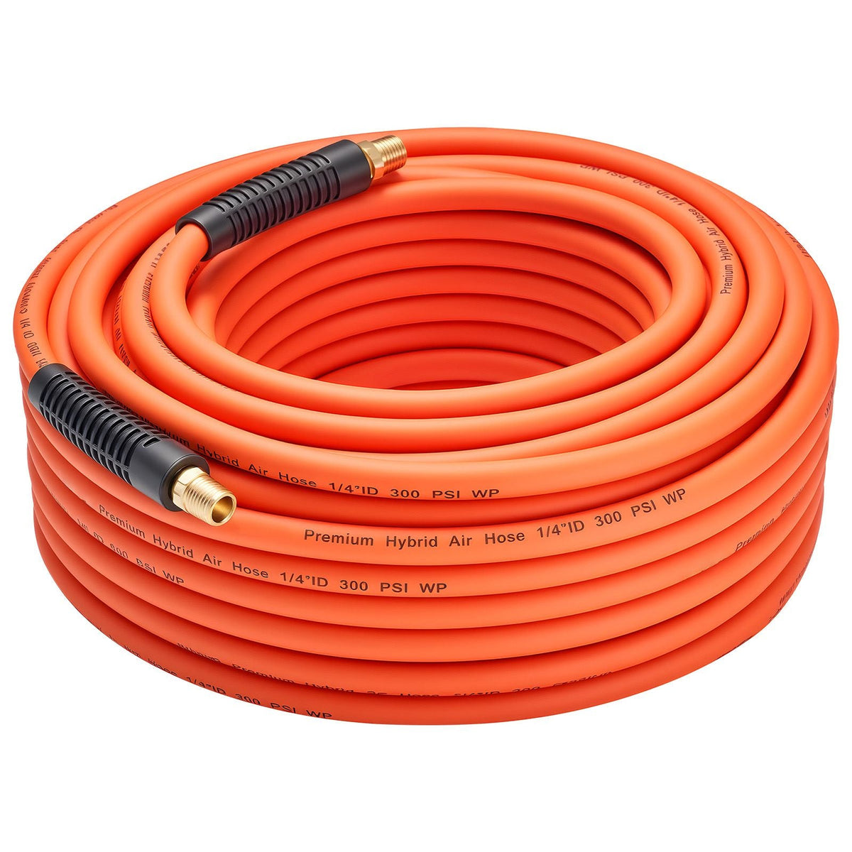 Air Hose, 1/4" x 100ft Hybrid Air Hose, Lightweight, Kink Resistant, Pneumatic Hoses with 1/4 inch Solid Brass Male Fitting, Three-Layer Hybrid Material, 300 PSI, All-Weather Flexibility, Orange