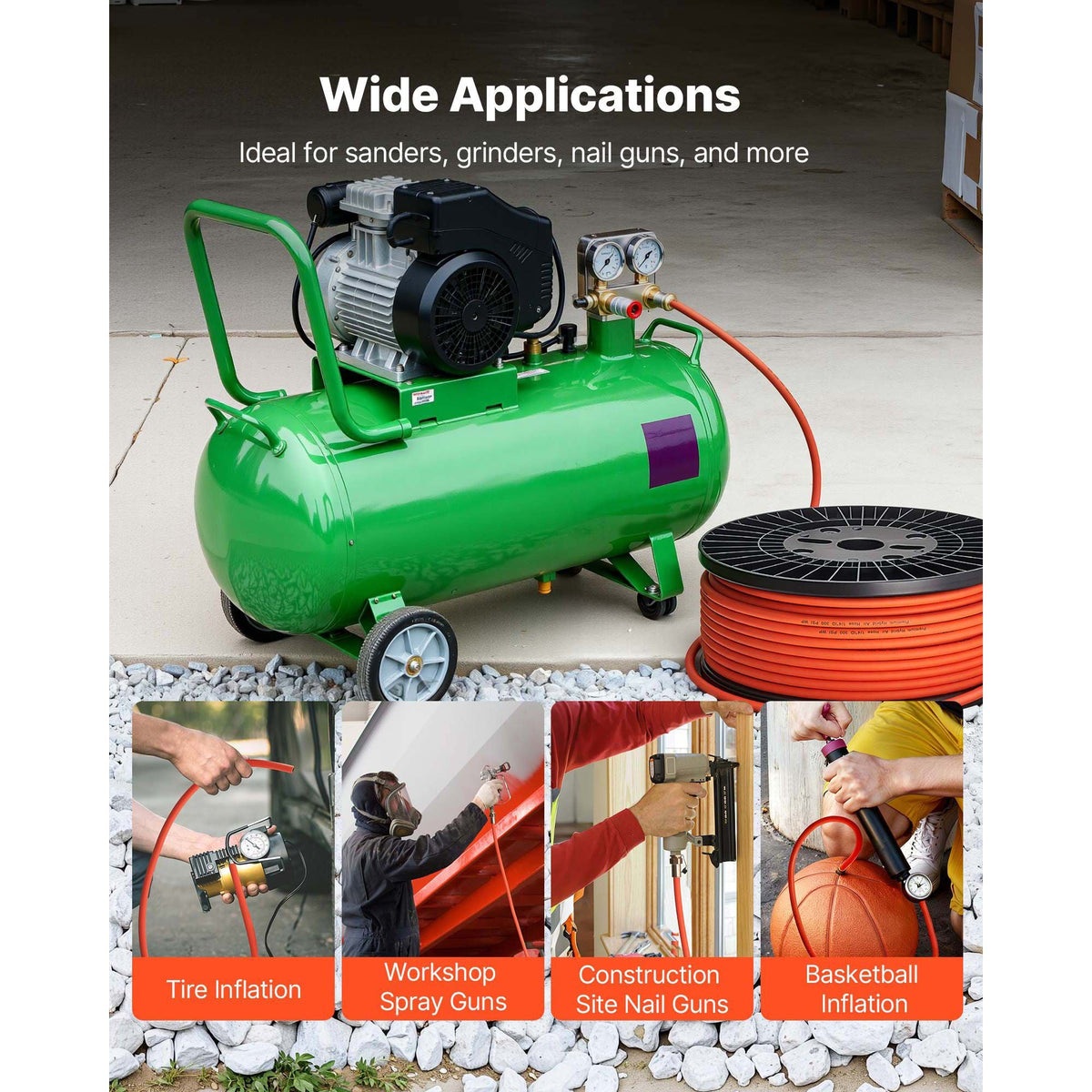Air Hose, 1/4" x 250ft Hybrid Air Hose, Lightweight, Kink Resistant, Pneumatic Hoses with Three-Layer Hybrid Material for Auto, Home & Building, 300 PSI, All-Weather Flexibility, Orange