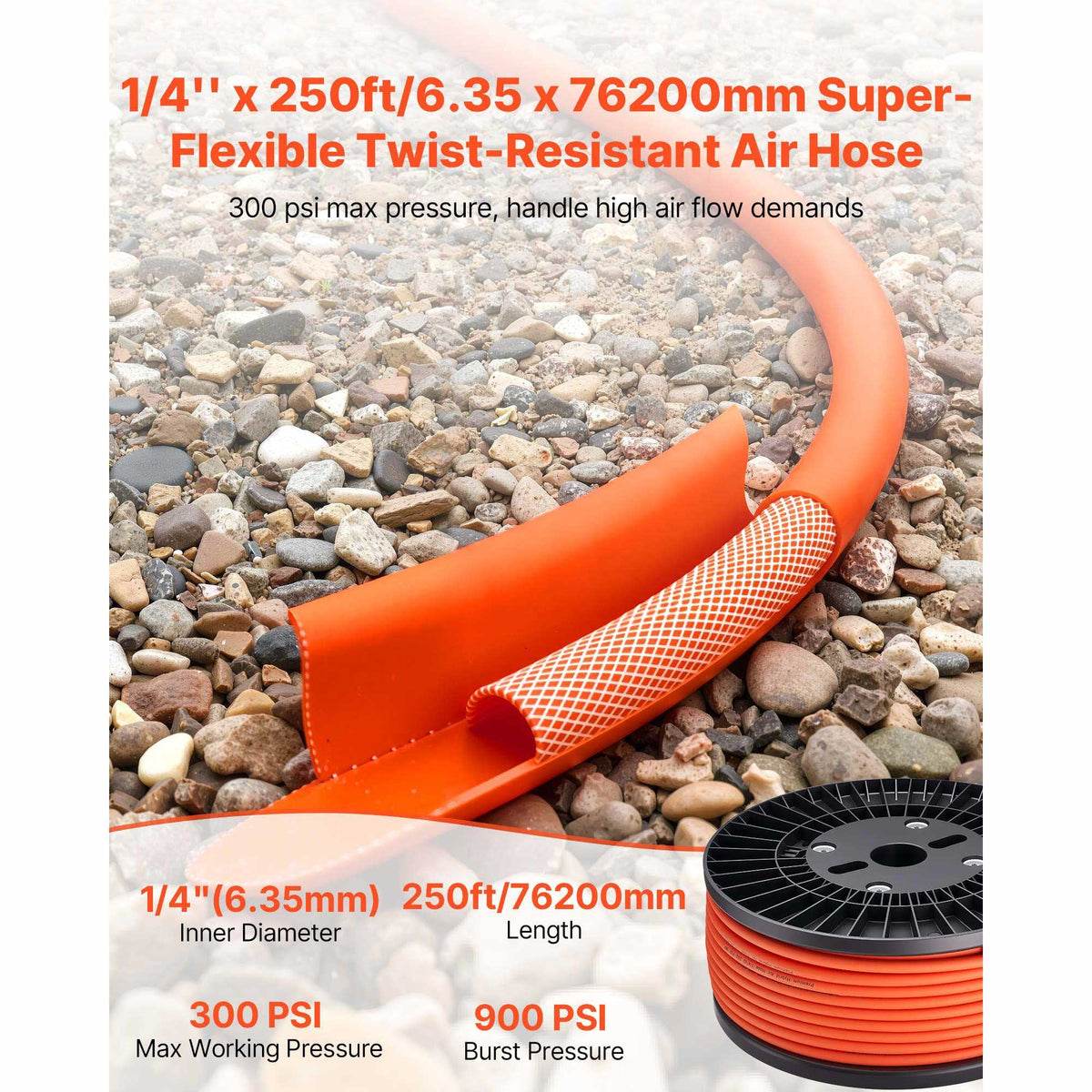 Air Hose, 1/4" x 250ft Hybrid Air Hose, Lightweight, Kink Resistant, Pneumatic Hoses with Three-Layer Hybrid Material for Auto, Home & Building, 300 PSI, All-Weather Flexibility, Orange
