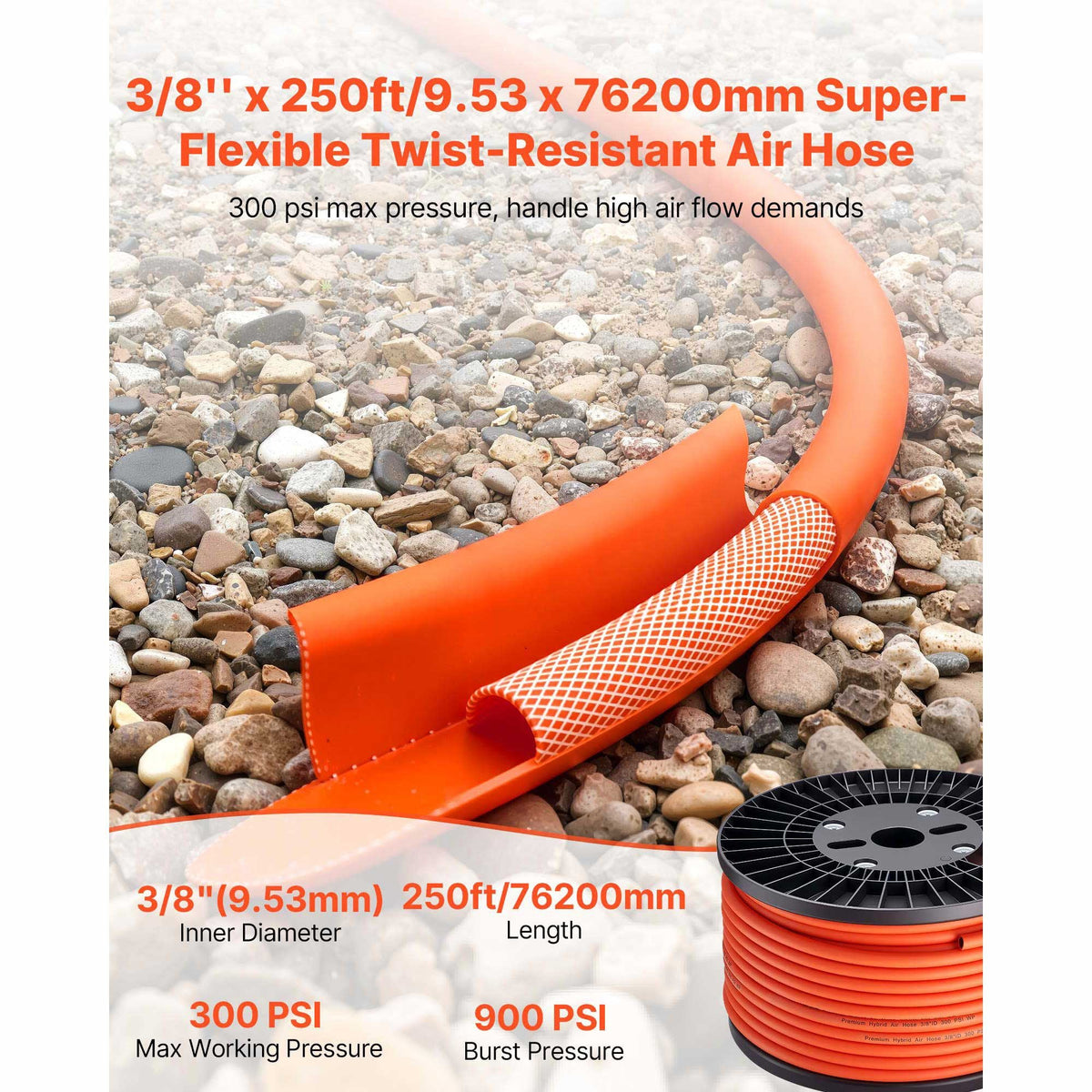 Air Hose, 3/8'' x 250ft Hybrid Air Hose, Lightweight, Kink Resistant, Pneumatic Hoses with Three-Layer Hybrid Material for Auto, Home & Building, 300 PSI, All-Weather Flexibility, Orange