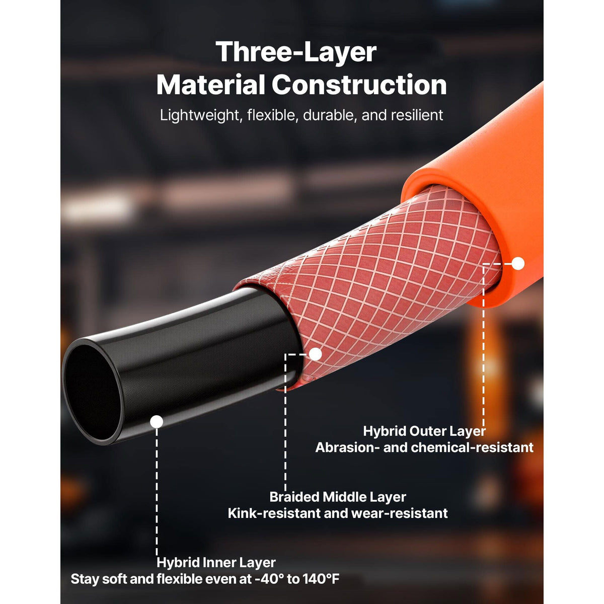 Air Hose, 3/8'' x 250ft Hybrid Air Hose, Lightweight, Kink Resistant, Pneumatic Hoses with Three-Layer Hybrid Material for Auto, Home & Building, 300 PSI, All-Weather Flexibility, Orange