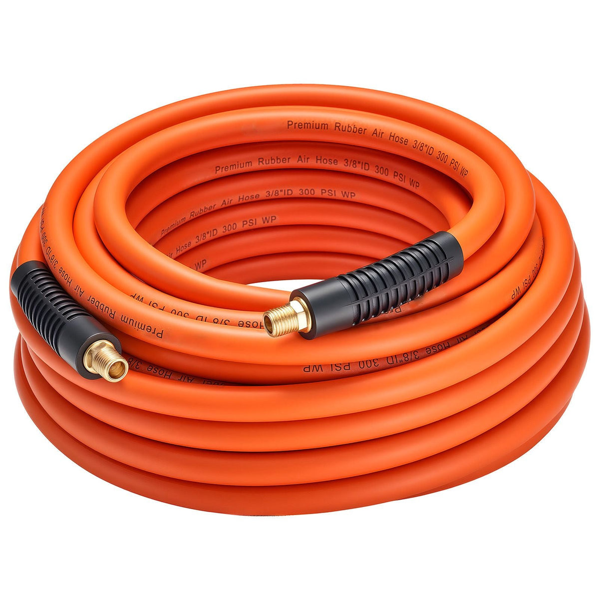 Air Hose, 3/8'' x 50FT Rubber Air Compressor Hose, 300 PSI Kink-Resistant Pneumatic Hoses with 1/4-inch Solid MNPT Bras Fittings, Three-Layer Construction, All-Weather Flexibility