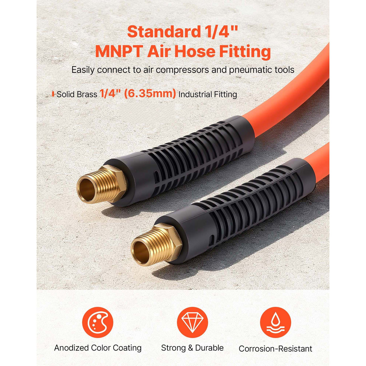 Air Hose, 3/8'' x 50FT Rubber Air Compressor Hose, 300 PSI Kink-Resistant Pneumatic Hoses with 1/4-inch Solid MNPT Bras Fittings, Three-Layer Construction, All-Weather Flexibility
