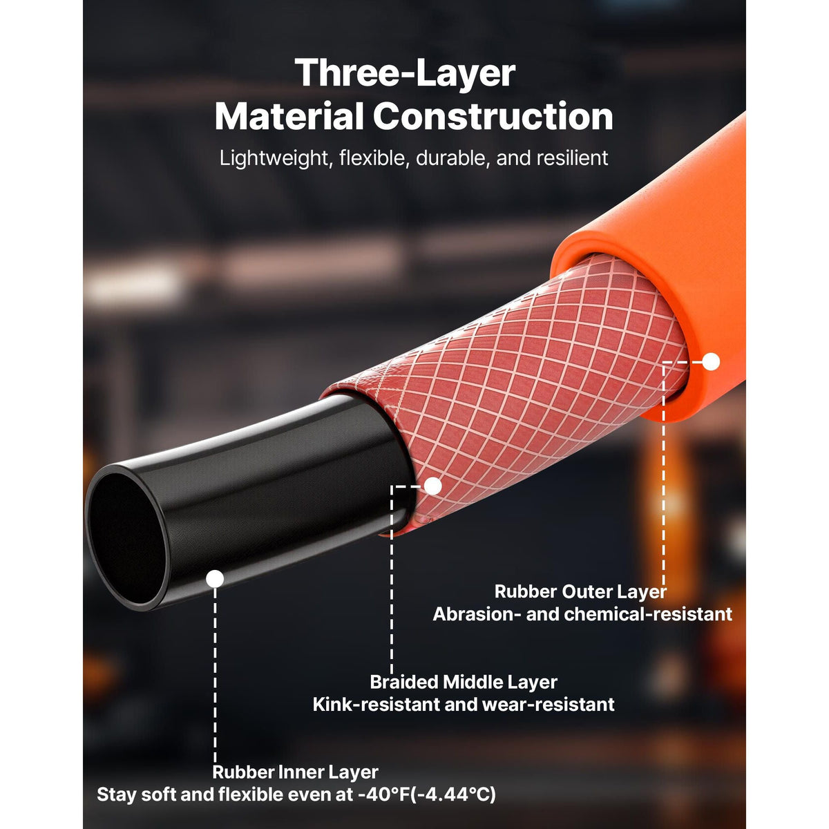 Air Hose, 3/8'' x 50FT Rubber Air Compressor Hose, 300 PSI Kink-Resistant Pneumatic Hoses with 1/4-inch Solid MNPT Bras Fittings, Three-Layer Construction, All-Weather Flexibility