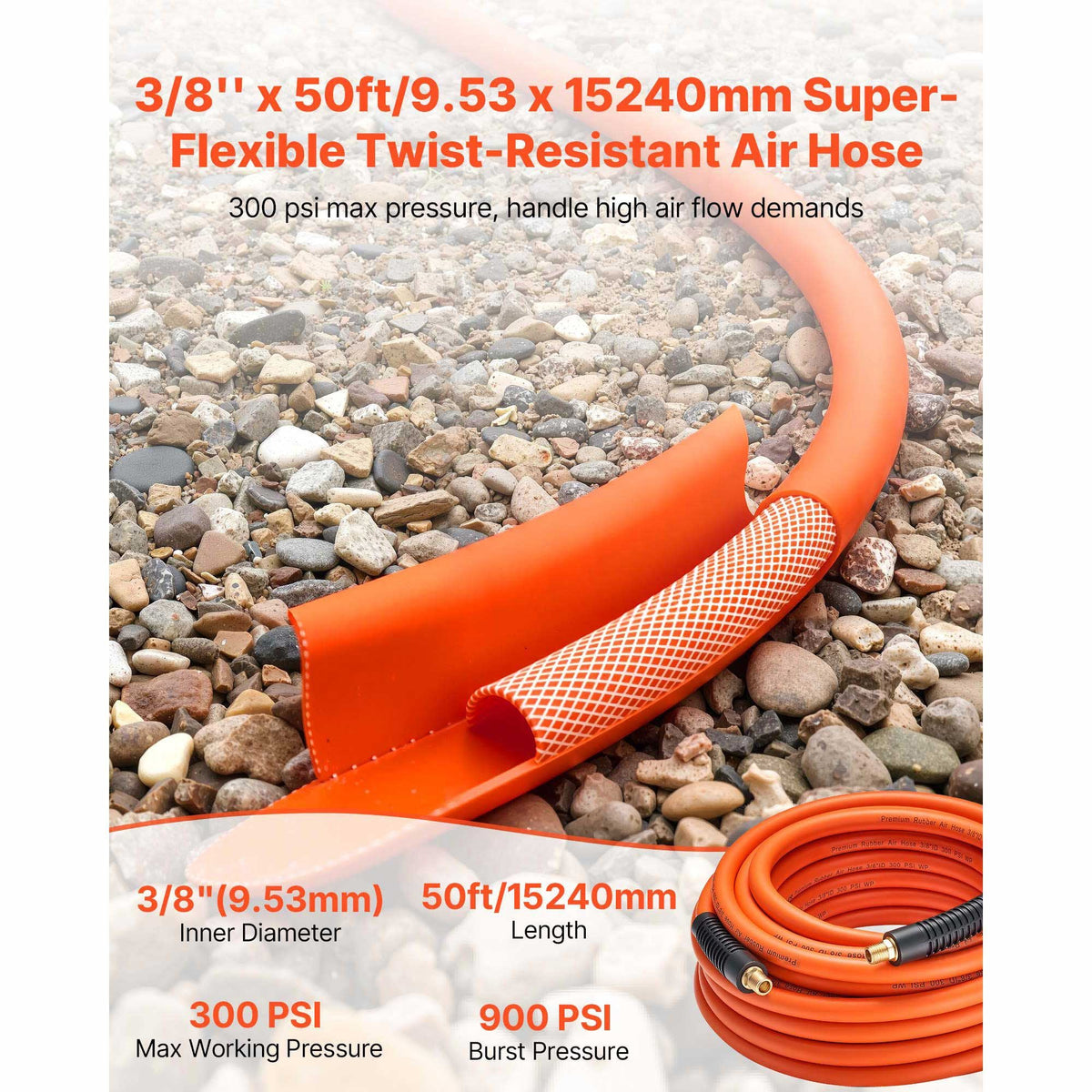 Air Hose, 3/8'' x 50FT Rubber Air Compressor Hose, 300 PSI Kink-Resistant Pneumatic Hoses with 1/4-inch Solid MNPT Bras Fittings, Three-Layer Construction, All-Weather Flexibility