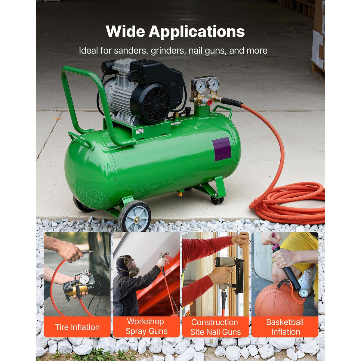 Air Hose, 3/8'' x 50FT Rubber Air Compressor Hose, 300 PSI Kink-Resistant Pneumatic Hoses with 1/4-inch Solid MNPT Bras Fittings, Three-Layer Construction, All-Weather Flexibility