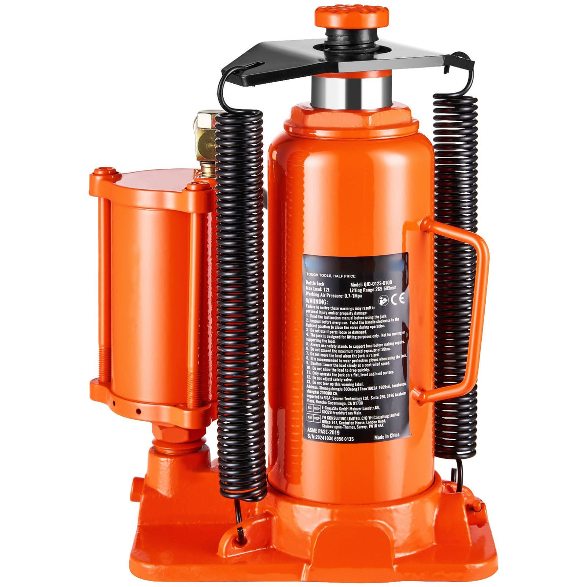 Air Hydraulic Bottle Jack, 12 Ton/26455 lbs Pneumatic Hydraulic Bottle Jack with 10.43''-19.88'' Lifting Range & Manual Hand Pump, for Pickup, Truck, RV, Auto Repair, Industrial Engineering