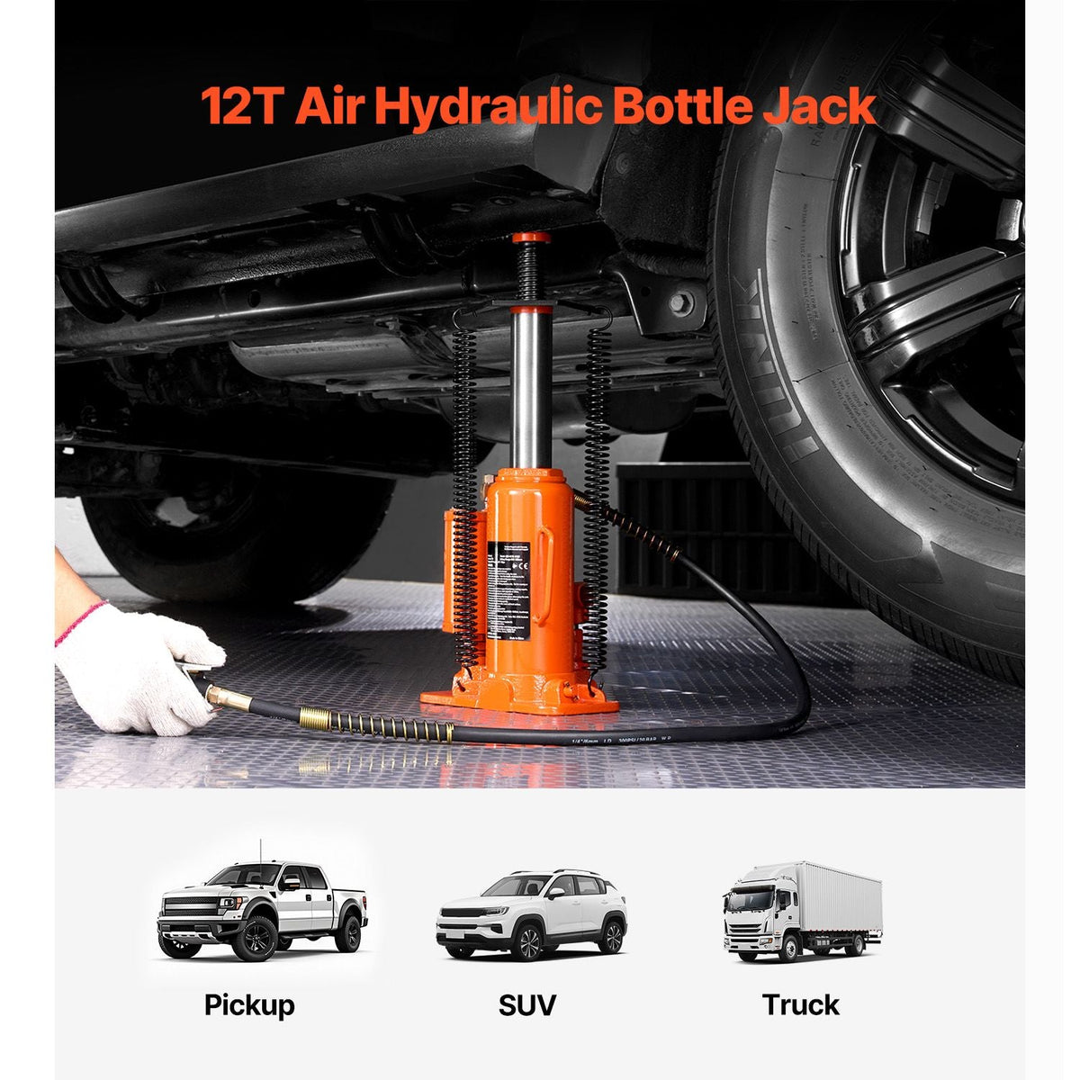 Air Hydraulic Bottle Jack, 12 Ton/26455 lbs Pneumatic Hydraulic Bottle Jack with 10.43''-19.88'' Lifting Range & Manual Hand Pump, for Pickup, Truck, RV, Auto Repair, Industrial Engineering