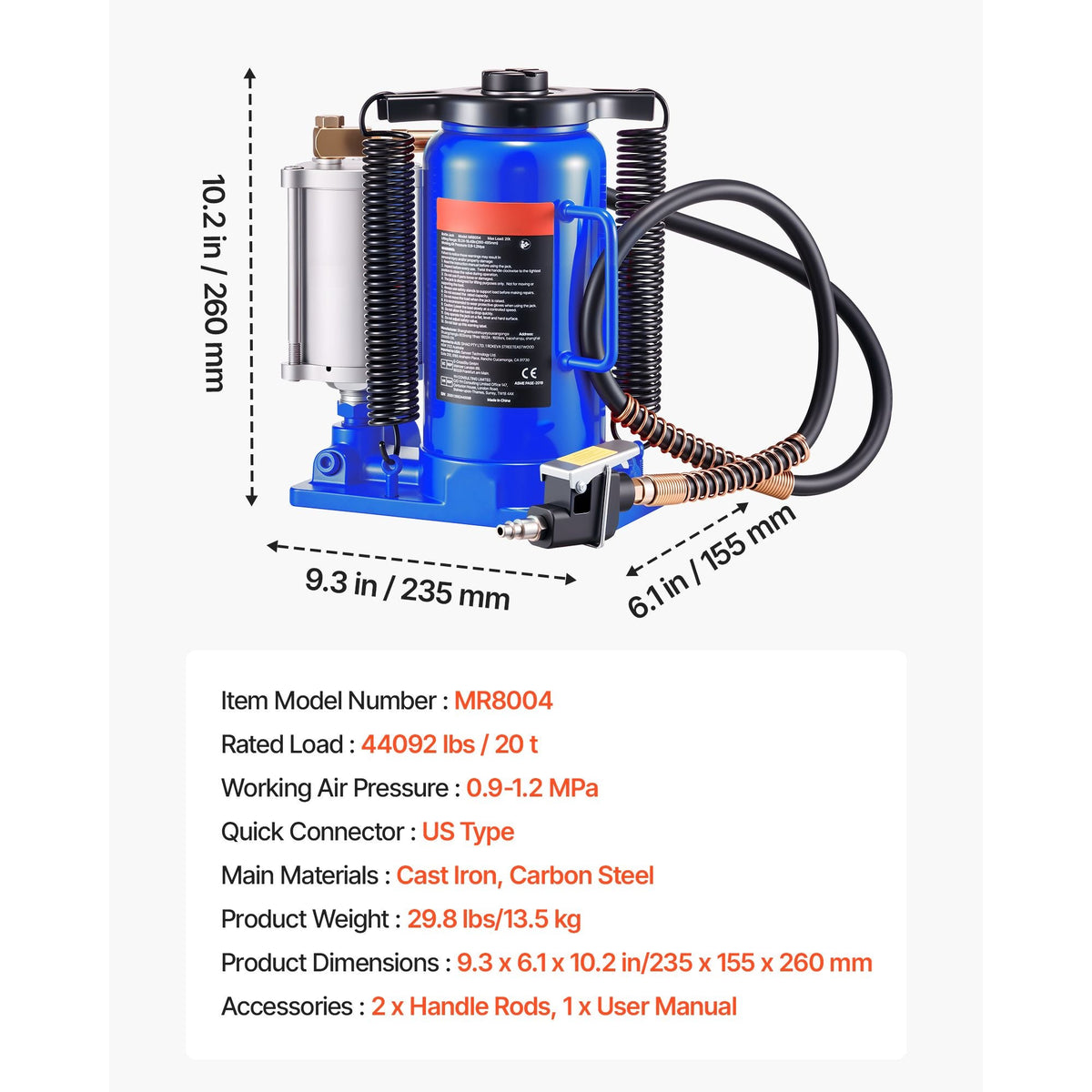 Air Hydraulic Bottle Jack, 20 Ton (44092 lbs) Capacity, 10.2-19.5 Inch Lifting Range, Pneumatic/Manual Heavy Duty Welded Bottle Jack with Pump for Car, SUV, Pickup, Truck, RV, Auto Repair, Blue