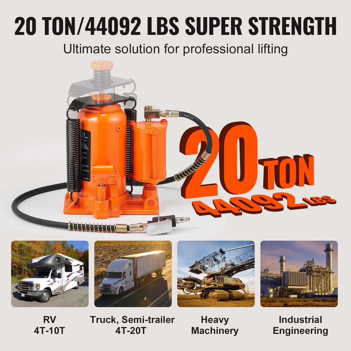 Air Hydraulic Bottle Jack, 20 Ton/40000 LBS All Welded Bottle Jack, 10.4-19.7 inch Lifting Range, Manual Handle and Air Pump, for Car, Pickup, Truck, RV, Auto Repair, Industrial Engineering