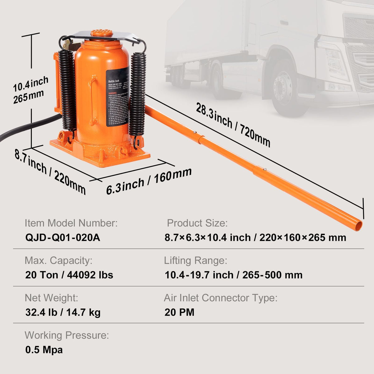 Air Hydraulic Bottle Jack, 20 Ton/40000 LBS All Welded Bottle Jack, 10.4-19.7 inch Lifting Range, Manual Handle and Air Pump, for Car, Pickup, Truck, RV, Auto Repair, Industrial Engineering