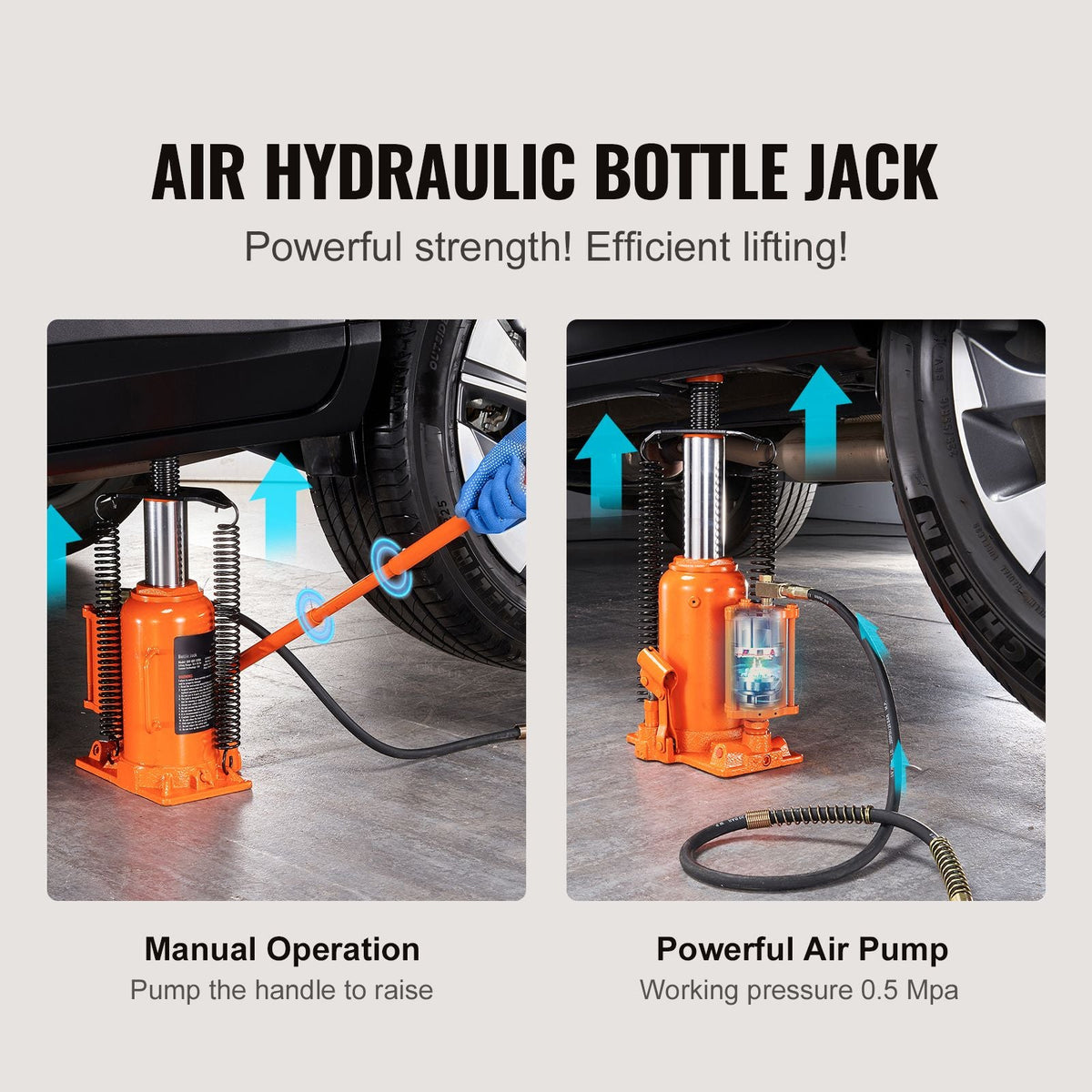 Air Hydraulic Bottle Jack, 20 Ton/40000 LBS All Welded Bottle Jack, 10.4-19.7 inch Lifting Range, Manual Handle and Air Pump, for Car, Pickup, Truck, RV, Auto Repair, Industrial Engineering