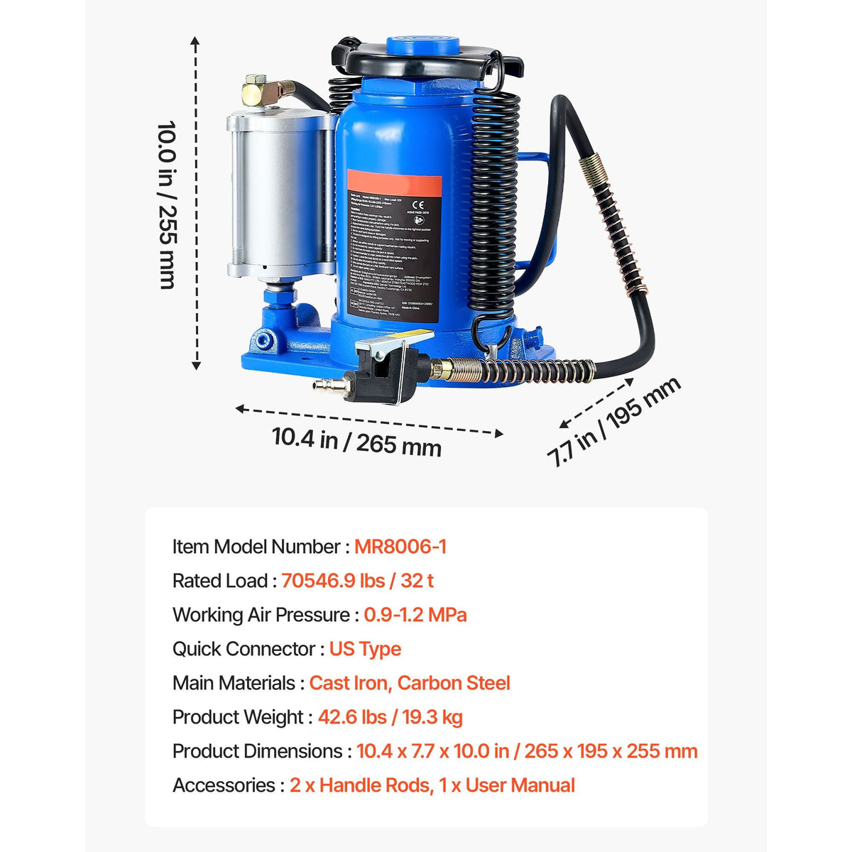 Air Hydraulic Bottle Jack, 32 Ton (70546.9 lbs) Capacity, 10-16.3 Inch Lifting Range, Pneumatic/Manual Heavy Duty Welded Bottle Jack with Pump for Car, SUV, Pickup, Truck, RV, Auto Repair, Blue