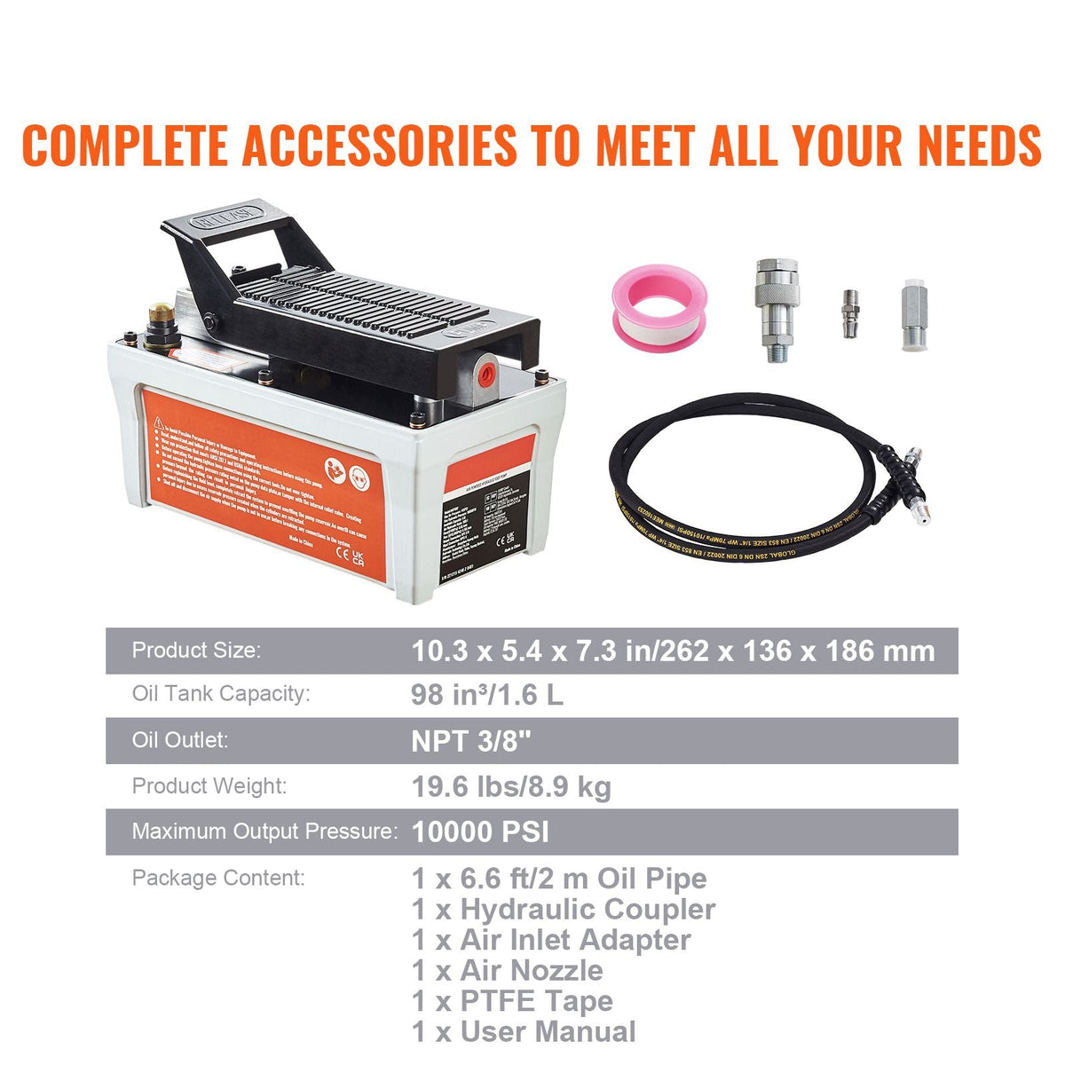Air Hydraulic Pump, 10,000 PSI 1/2 Gal Reservoir, NPT 3/8" Oil Outlet, NPT 1/4" Inlet, 6.6 ft Pipe, Foot Actuated Hydraulic Pump Air Treadle for Auto Body Frame Machines and Pulling Post, Gray