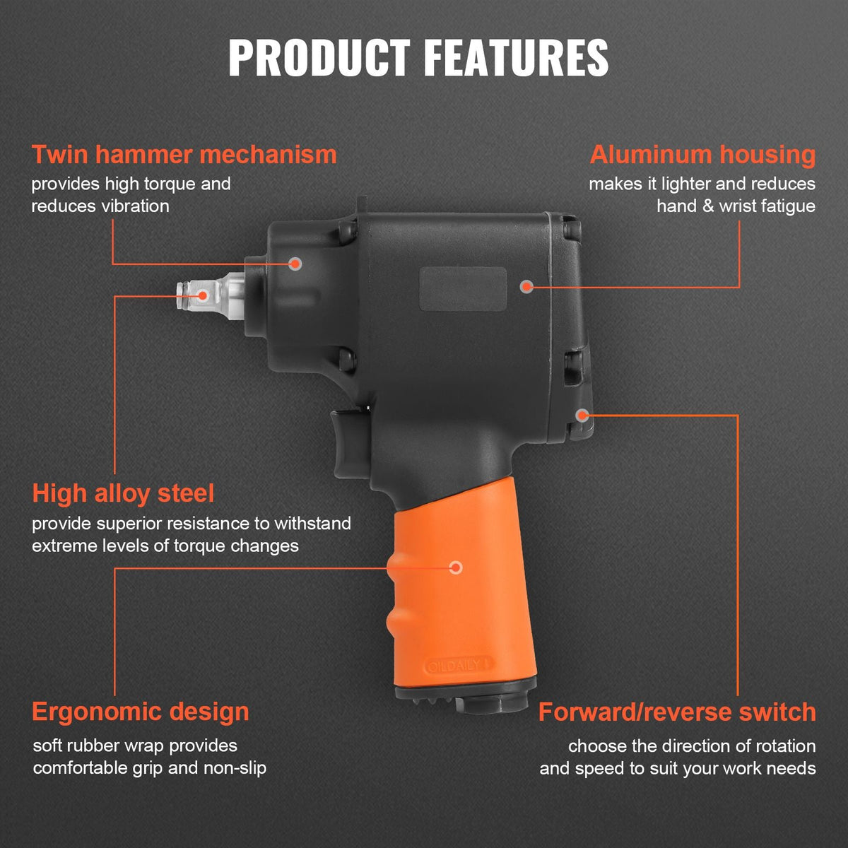 Air Impact Wrench, 3/8-Inch Drive Air Impact Gun, Up to 690ft-lbs Nut-busting Torque, Lightweight Pneumatic Impact Wrench for Auto Repairs and Maintenance