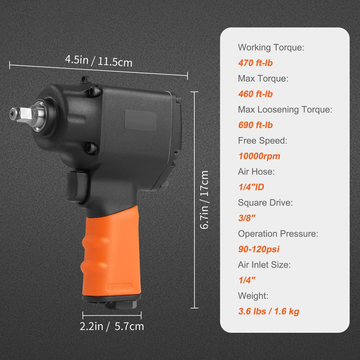 Air Impact Wrench, 3/8-Inch Drive Air Impact Gun, Up to 690ft-lbs Nut-busting Torque, Lightweight Pneumatic Impact Wrench for Auto Repairs and Maintenance