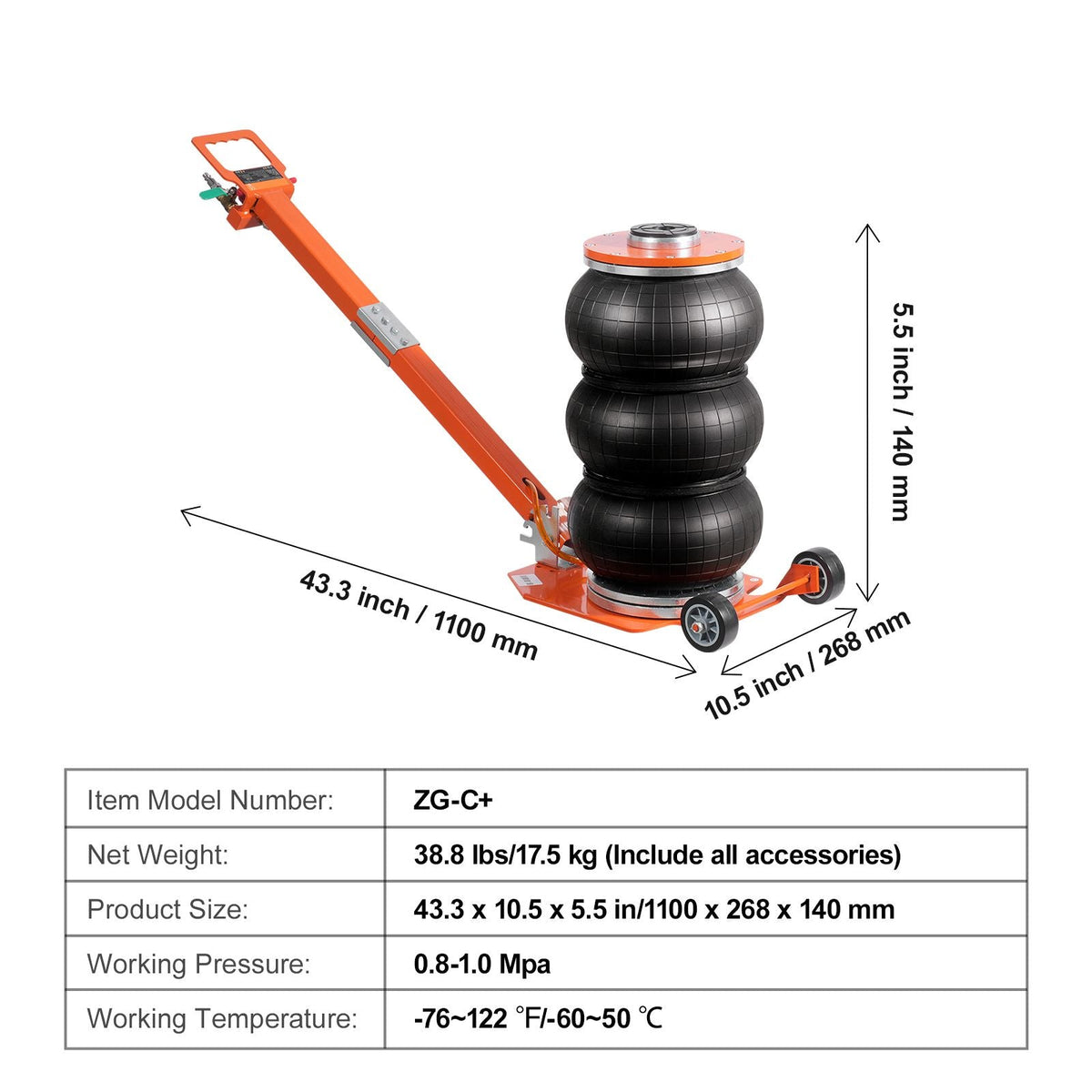 Air Jack, 3 Ton/6600 lbs, 1-6S Pneumatic Lifting Jack with Heightened Column & Adjustable Handle, Compact, Easy-to-Lift & Space-Saving Jack with Thick Rubber Pad