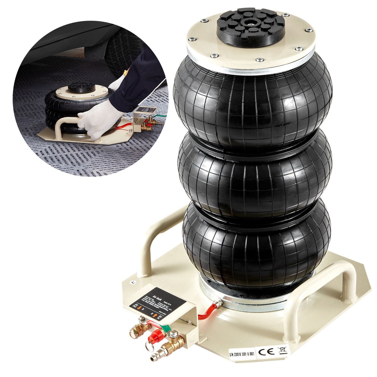Air Jack, 3 Ton/6600 lbs Triple Bag Air Jack, Airbag Jack with Six Steel Pipes, Lift up to 17.7 inch/450 mm, 3-5 s Fast Lifting Pneumatic Jack, with Side Handles for Car, Garage, Repair (White)