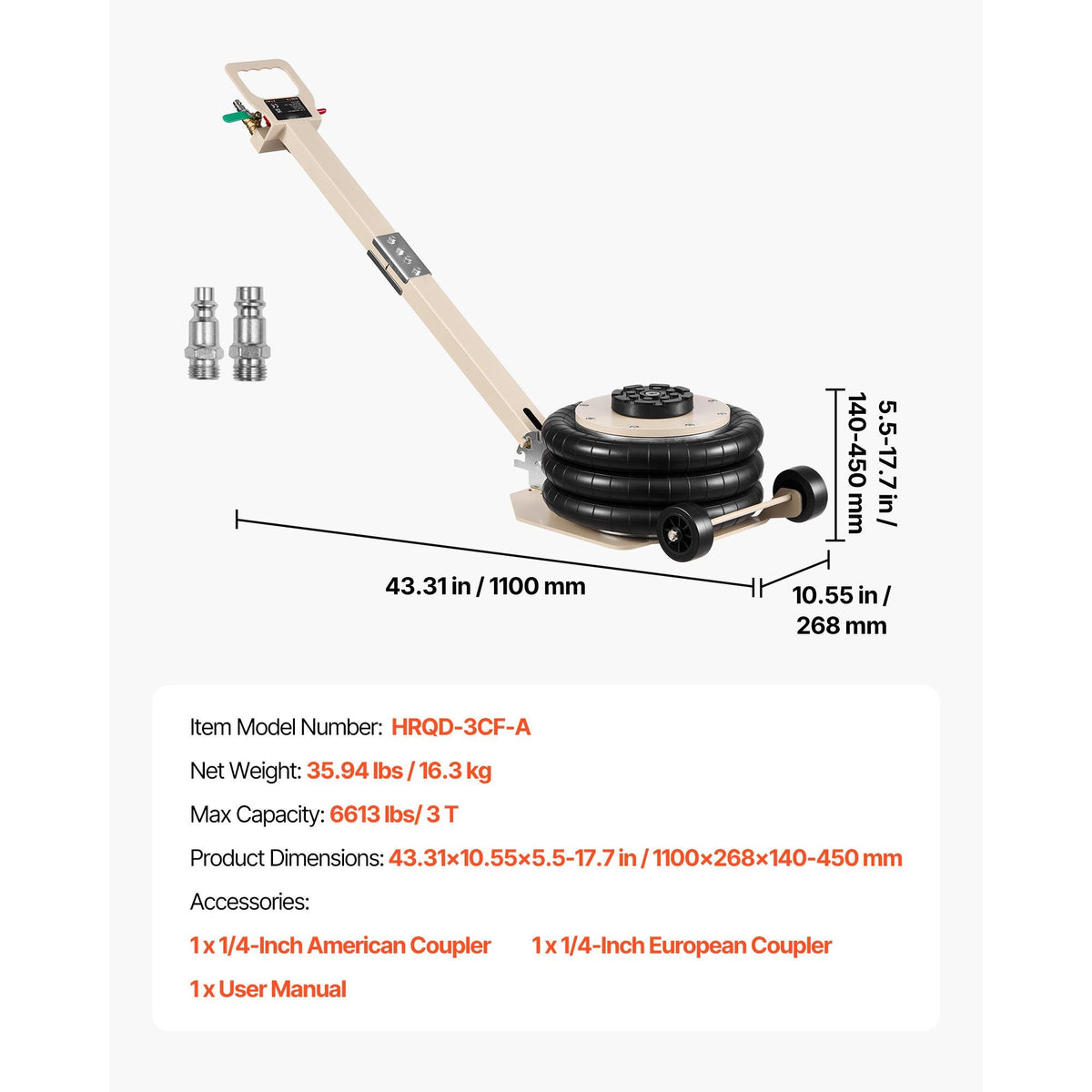 Air Jack, 3 Ton/6613 lbs Triple Bag Air Jack, Airbag with Six Steel Pipes, Lift Up to 17.7 inch/450 mm, 1-6 s Fast Lifting Pneumatic with Adjustable Long Handle for Car, SUV, Pickup Truck Repair