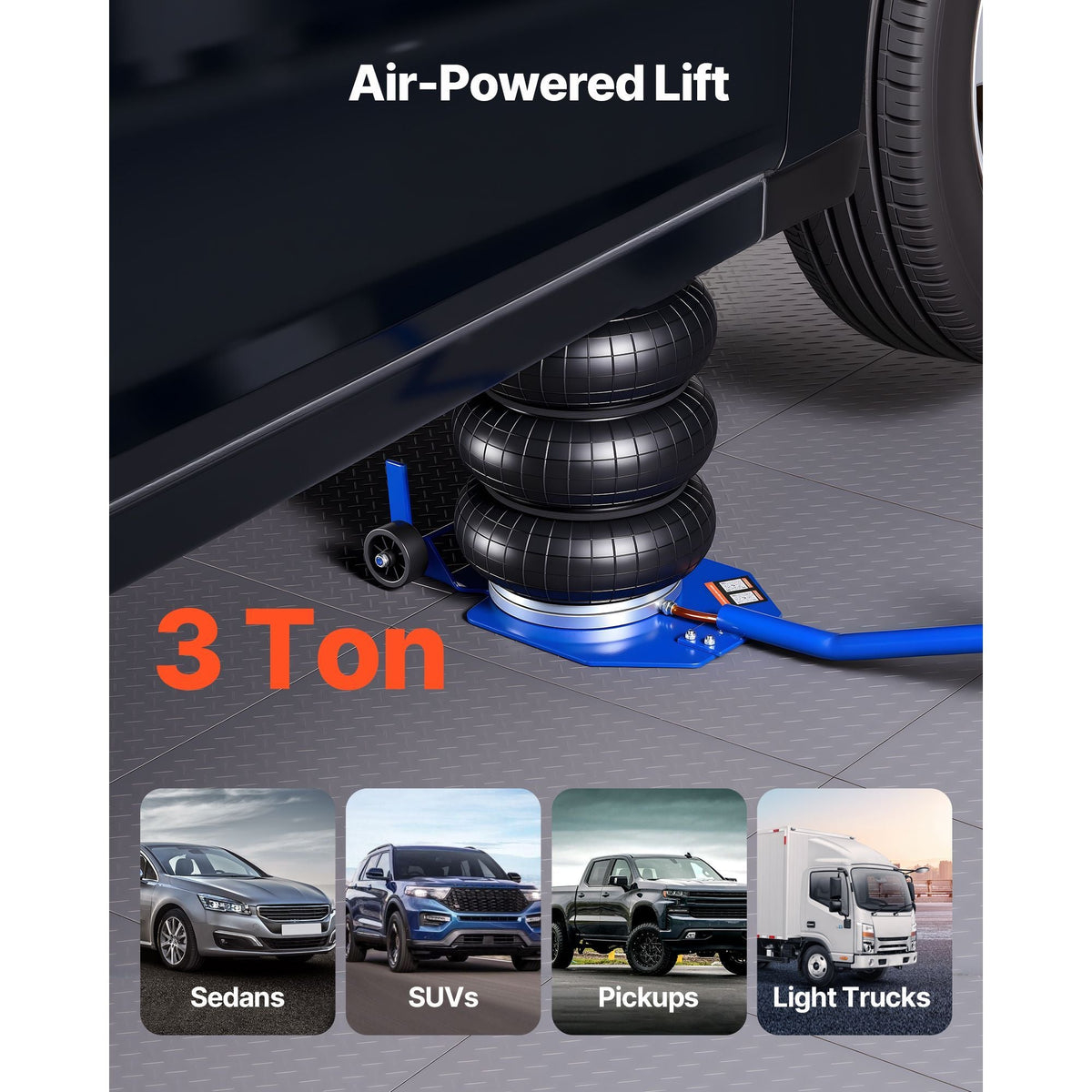 Air Jack, 3 Ton/6613 lbs Triple Bag Air Jack, Airbag with Six Steel Pipes, Lift Up to 17.7 inch/450 mm, 1-6 s Fast Lifting Pneumatic with Long Handle & Rubber Pad for Cars, SUVs, Pickup Trucks