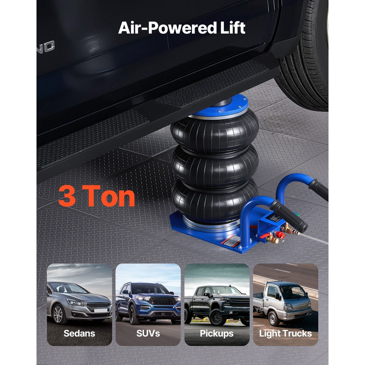 Air Jack, 3 Ton/6613 lbs Triple Bag Air Jack, Airbag with Six Steel Pipes, Lift Up to 17.7 inch/450 mm, 1-6 s Fast Lifting Pneumatic with Short Handles for Car, SUV, Pickup Truck Repair, Garage