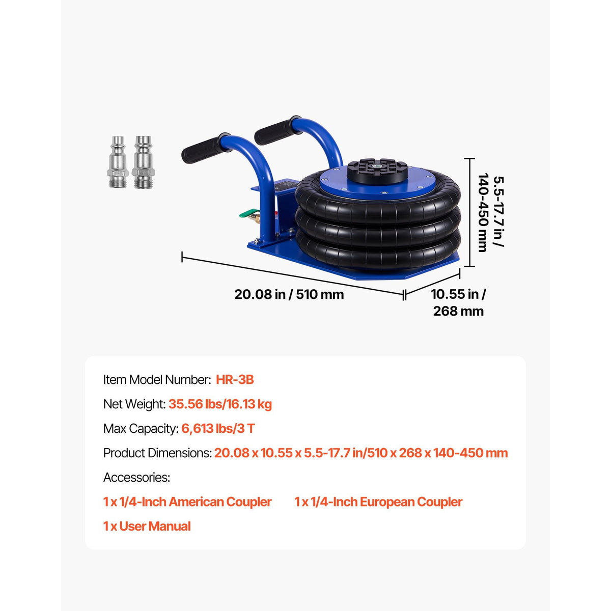 Air Jack, 3 Ton/6613 lbs Triple Bag Air Jack, Airbag with Six Steel Pipes, Lift Up to 17.7 inch/450 mm, 1-6 s Fast Lifting Pneumatic with Short Handles for Car, SUV, Pickup Truck Repair, Garage