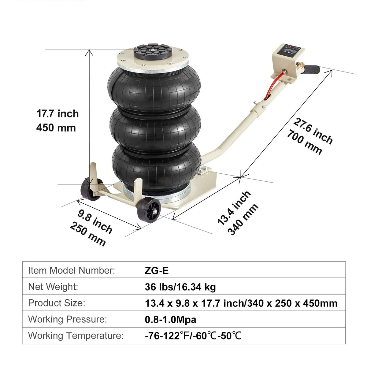 Air Jack, 3T / 6600 lbs Triple Bag Air Jack, Airbag Jack with Six Steel Pipes, Lift up to 17.7 inch/450 mm, 3-5 s Fast Lifting Pneumatic Jack, with Long Handles for Car, Garage, Repair