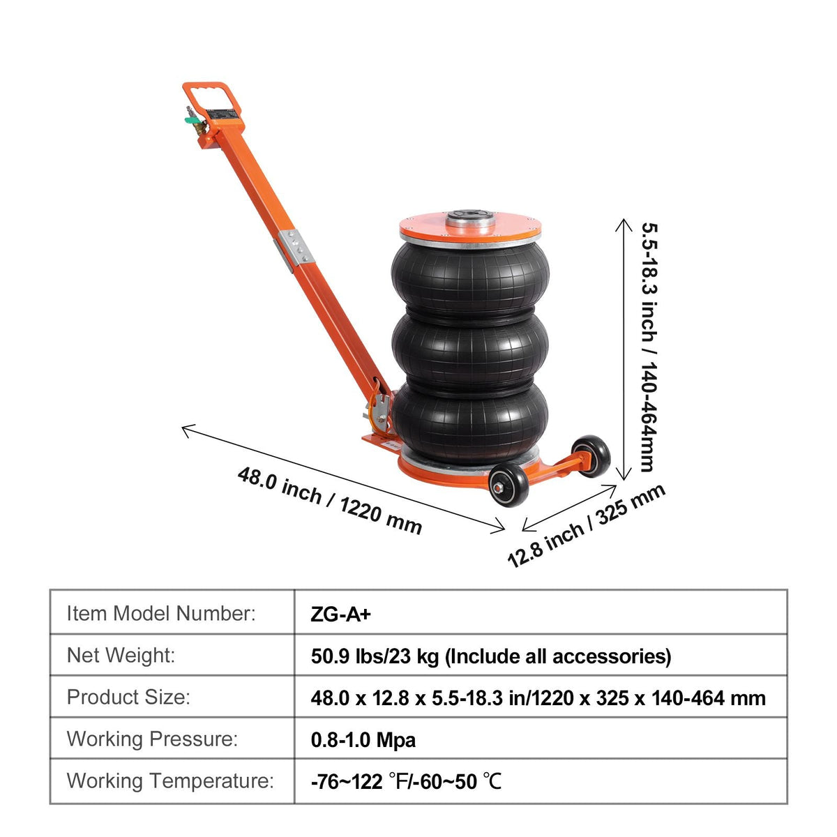 Air Jack, 5 Ton/11000 lbs, 4-10 S Pneumatic Lifting Jack with Heightened Column & Adjustable Handle, Easy-to-Lift & Space-Saving Jack with Thick Rubber Pad, Fits for Sedan, SUV, Pickup Truck