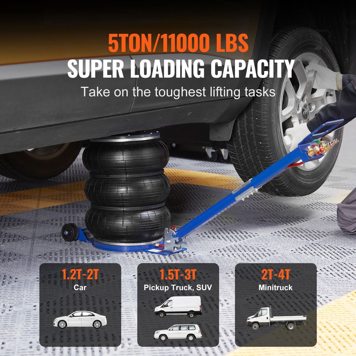 Air Jack, 5 Ton/11000 lbs Triple Bag Air Jack, Airbag Jack with Six Steel Pipes, Lift up to 18.5 inch/470 mm, 3-5 s Fast Lifting Pneumatic Jack, with Adjustable Handle for Car, Garage, Repair