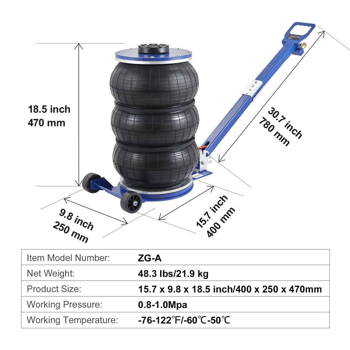 Air Jack, 5 Ton/11000 lbs Triple Bag Air Jack, Airbag Jack with Six Steel Pipes, Lift up to 18.5 inch/470 mm, 3-5 s Fast Lifting Pneumatic Jack, with Adjustable Handle for Car, Garage, Repair