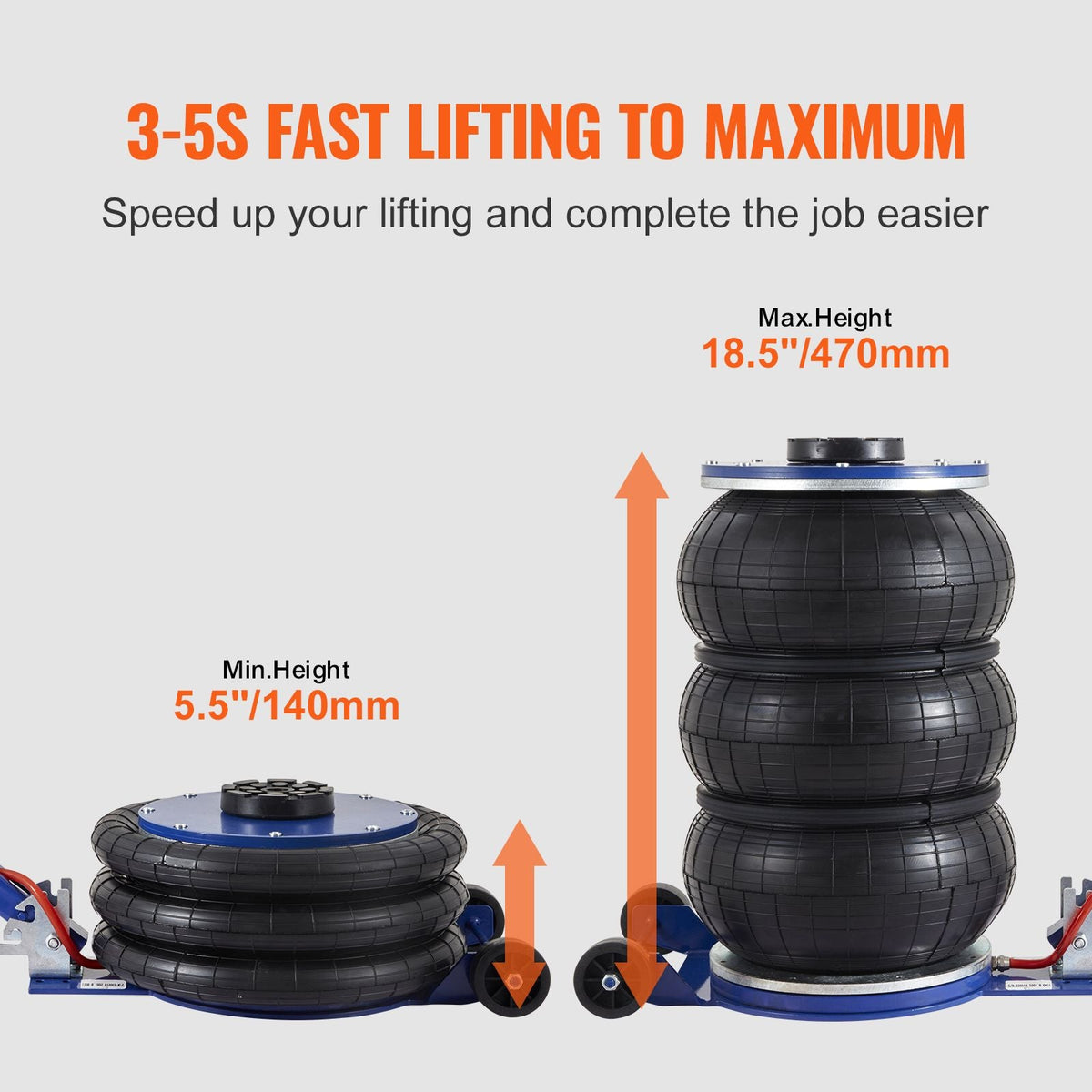 Air Jack, 5 Ton/11000 lbs Triple Bag Air Jack, Airbag Jack with Six Steel Pipes, Lift up to 18.5 inch/470 mm, 3-5 s Fast Lifting Pneumatic Jack, with Adjustable Handle for Car, Garage, Repair