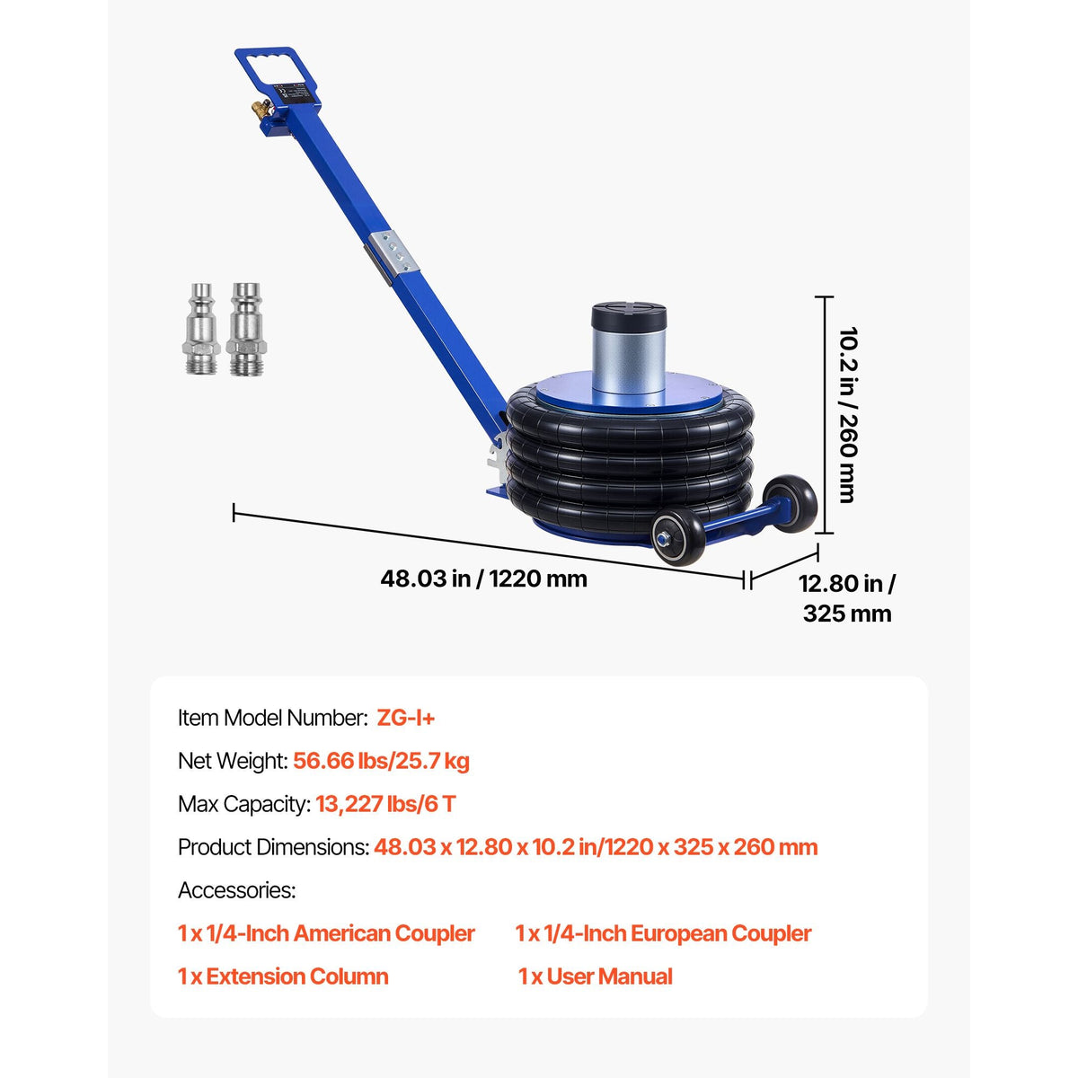 Air Jack, 6 Ton/13227 lbs Airbag Jack, Lift Up to 26.5 inch with Heightened Column, Adjustable Handle & Thick Rubber Pad, 2-5 s Fast Lifting Pneumatic for Car, SUV, Pickup Truck Repair, Garage