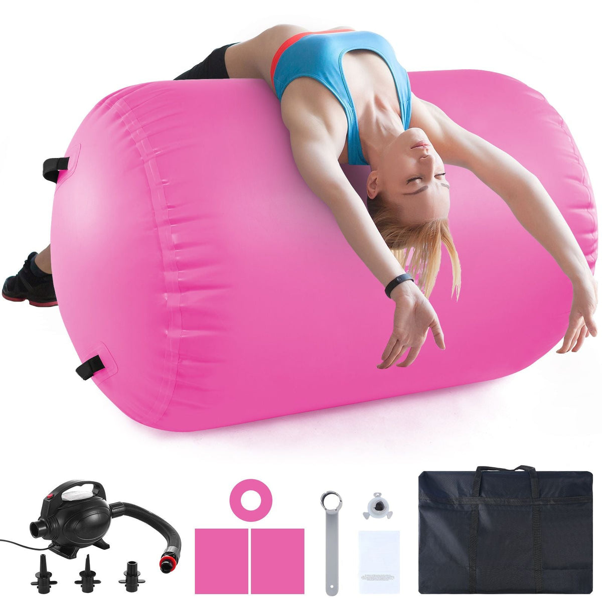 Air Mat Tumble Track Air Spot, Round Inflatable Air Roller, Air Barrel Gymnastic Equipment with Electric Pump, Tumbling Backbend Trainer for Home Use/Gym/Yoga/Cheerleading/Beach/Park/Water, Pink