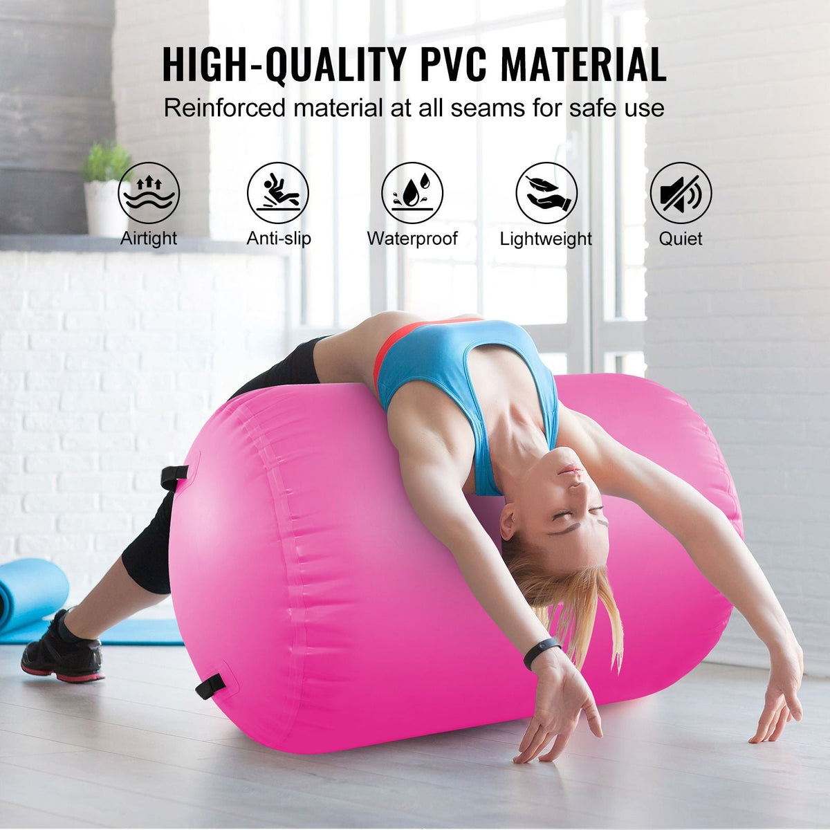 Air Mat Tumble Track Air Spot, Round Inflatable Air Roller, Air Barrel Gymnastic Equipment with Electric Pump, Tumbling Backbend Trainer for Home Use/Gym/Yoga/Cheerleading/Beach/Park/Water, Pink