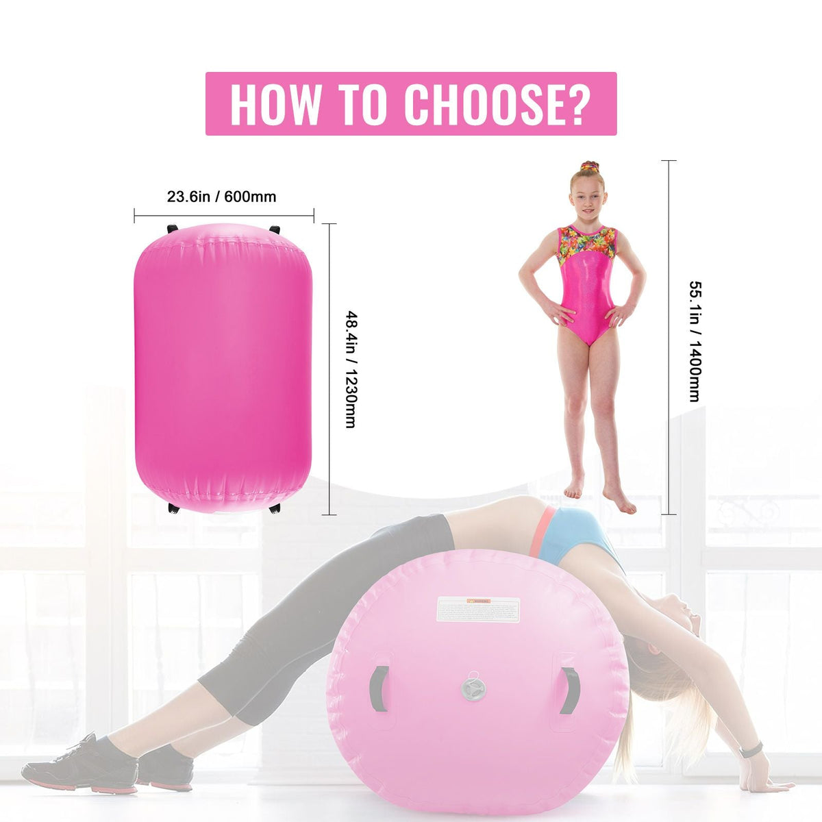 Air Mat Tumble Track Air Spot, Round Inflatable Air Roller, Air Barrel Gymnastic Equipment with Electric Pump, Tumbling Backbend Trainer for Home Use/Gym/Yoga/Cheerleading/Beach/Park/Water, Pink