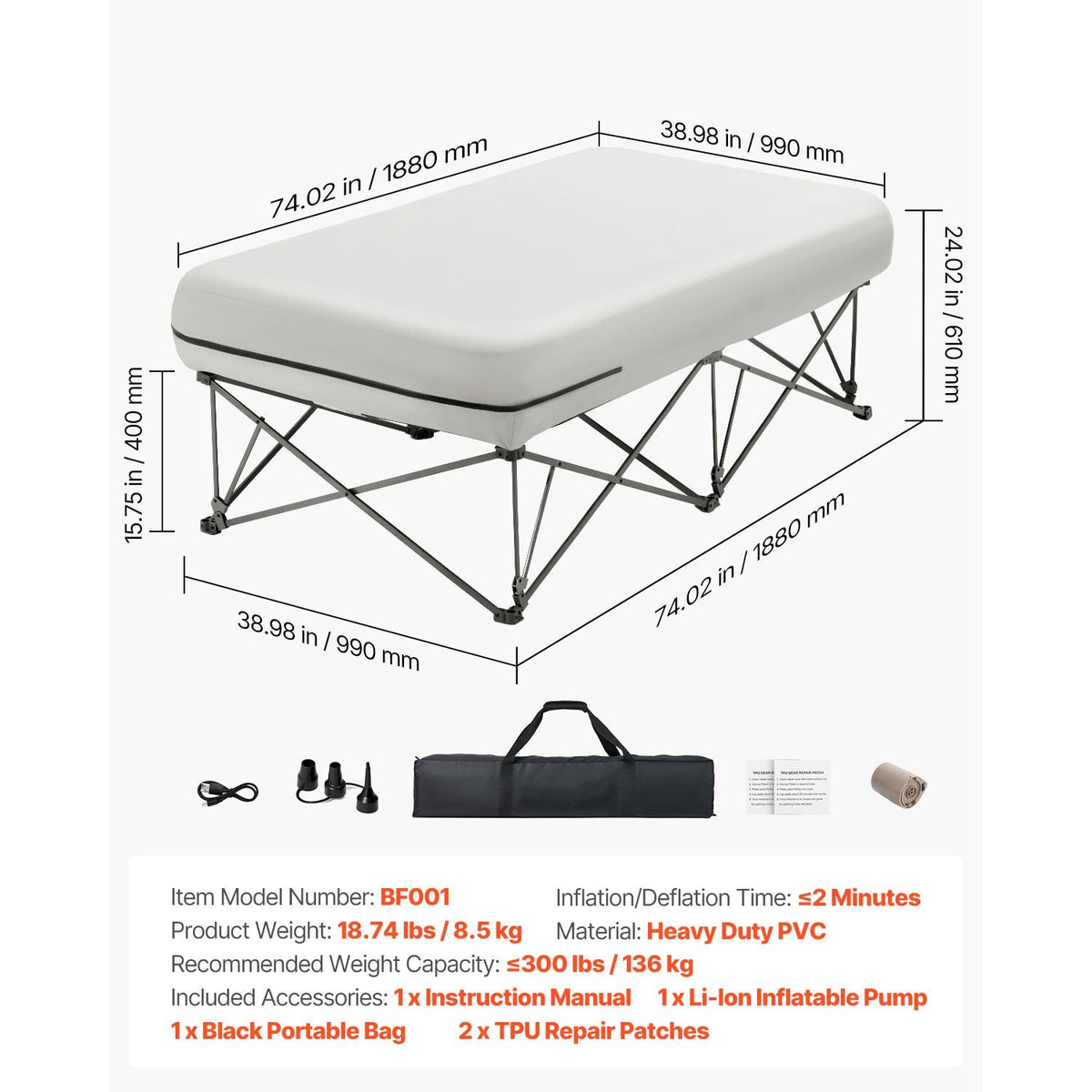 Air Mattress Twin with Frame, 1 Person Inflatable Mattress with Pump & Rolling Carry Case, Portable Folding Blow Up Mattress Supports 300lbs, Fast Inflating Air Bed for Home, Guests & Camping
