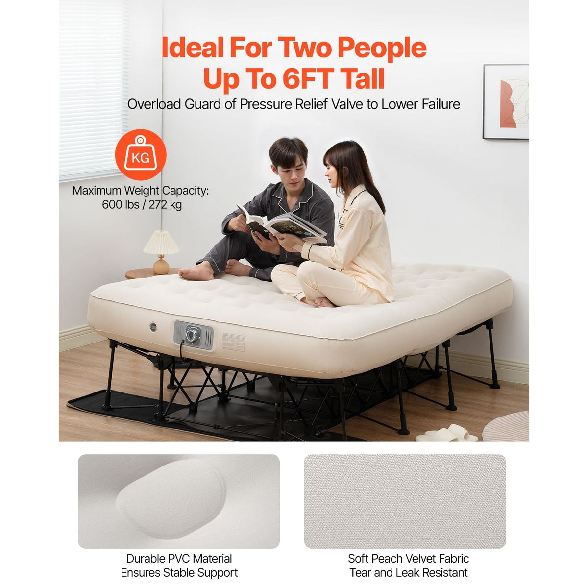 Air Mattress with Frame, Inflatable 2 Person Camping Cot with Built-in Pump, Portable Folding Air Beds Supports 600 lbs, Blow Up Anywhere Bed for Guests Camping Travel Indoor & Outdoor Use