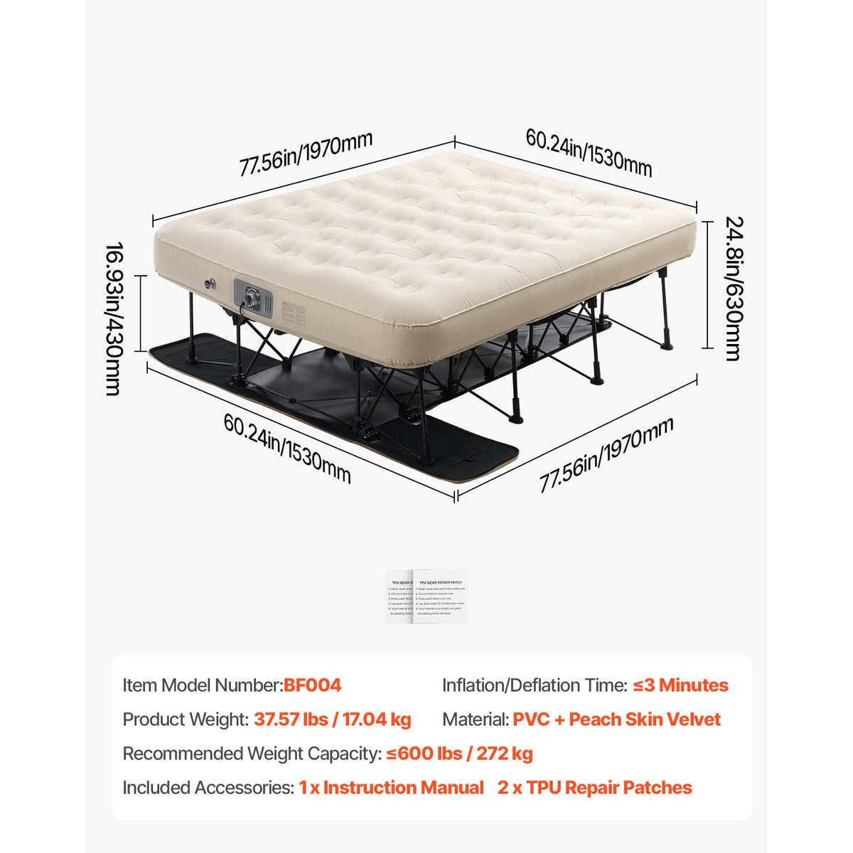 Air Mattress with Frame, Inflatable 2 Person Camping Cot with Built-in Pump, Portable Folding Air Beds Supports 600 lbs, Blow Up Anywhere Bed for Guests Camping Travel Indoor & Outdoor Use