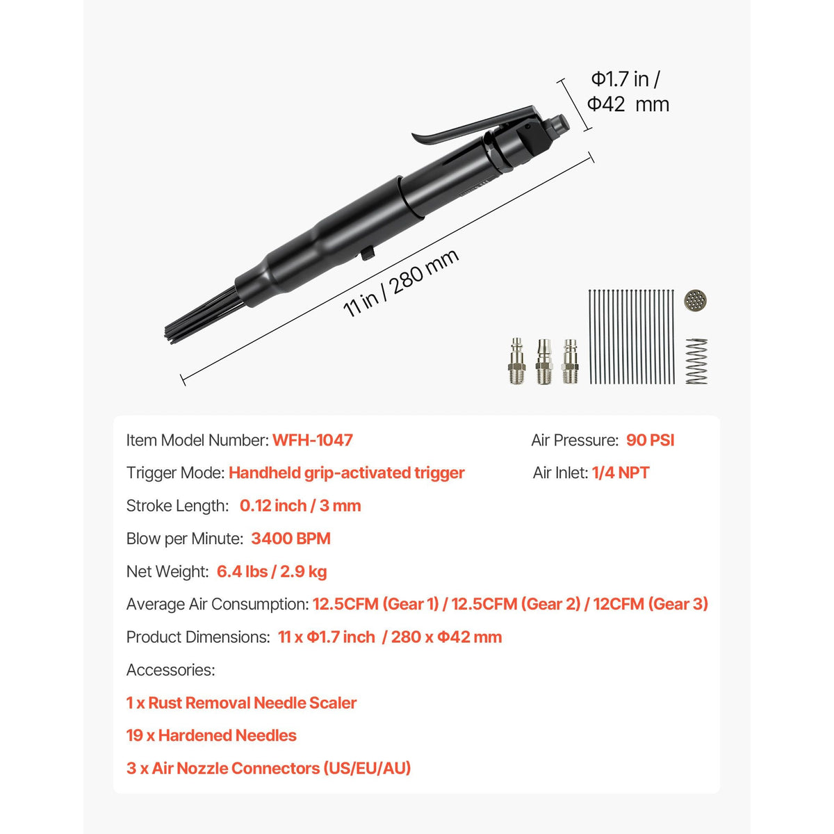 Air Needle Scaler, 3400BPM Pneumatic Scaler for Rust Paint Removal - with 3-Speed Adjustment, 19 Hardened Needles & 3 Air Nozzle Connectors - Lightweight, Compact & Ergonomic Grip