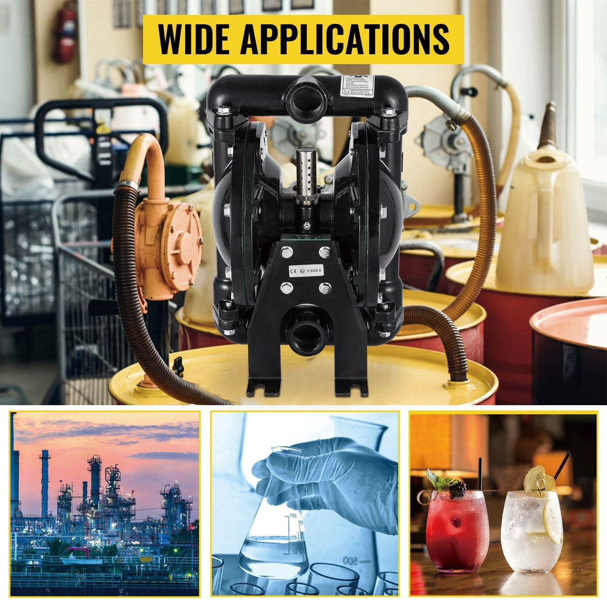 Air-Operated Double Diaphragm Pump 1 inch Inlet Outlet Aluminum 24 GPM Max 120PSI for Industrial Use