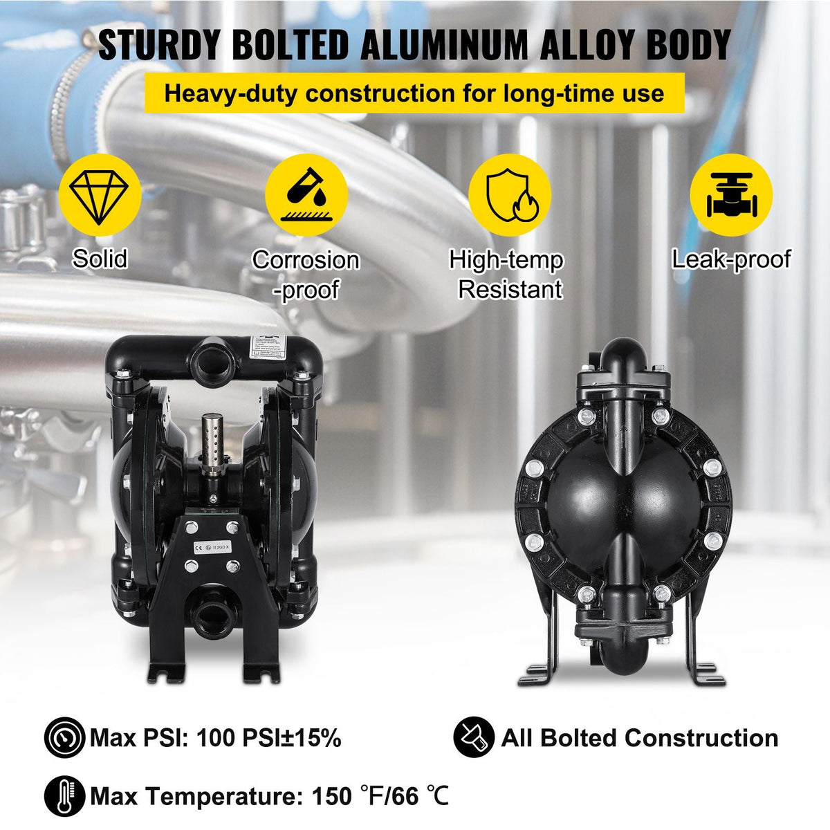 Air-Operated Double Diaphragm Pump 1 inch Inlet Outlet Aluminum 24 GPM Max 120PSI for Industrial Use