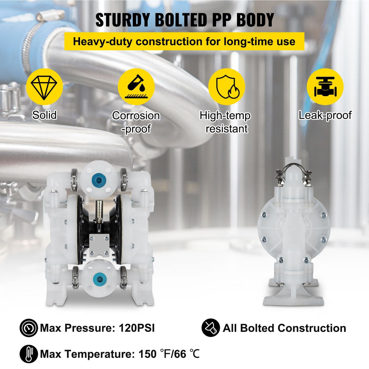 Air-Operated Double Diaphragm Pump 1 inch Inlet/Outlet 30GPM Polypropylene Max 120PSI for Chemical and Industrial Use