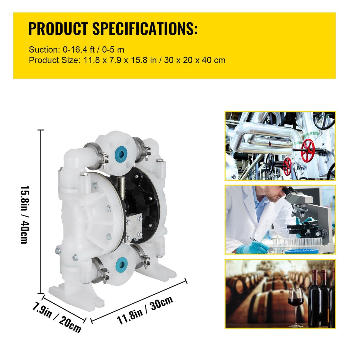 Air-Operated Double Diaphragm Pump 1 inch Inlet/Outlet 30GPM Polypropylene Max 120PSI for Chemical and Industrial Use