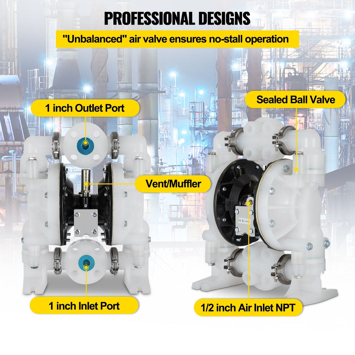 Air-Operated Double Diaphragm Pump 1 inch Inlet/Outlet 30GPM Polypropylene Max 120PSI for Chemical and Industrial Use