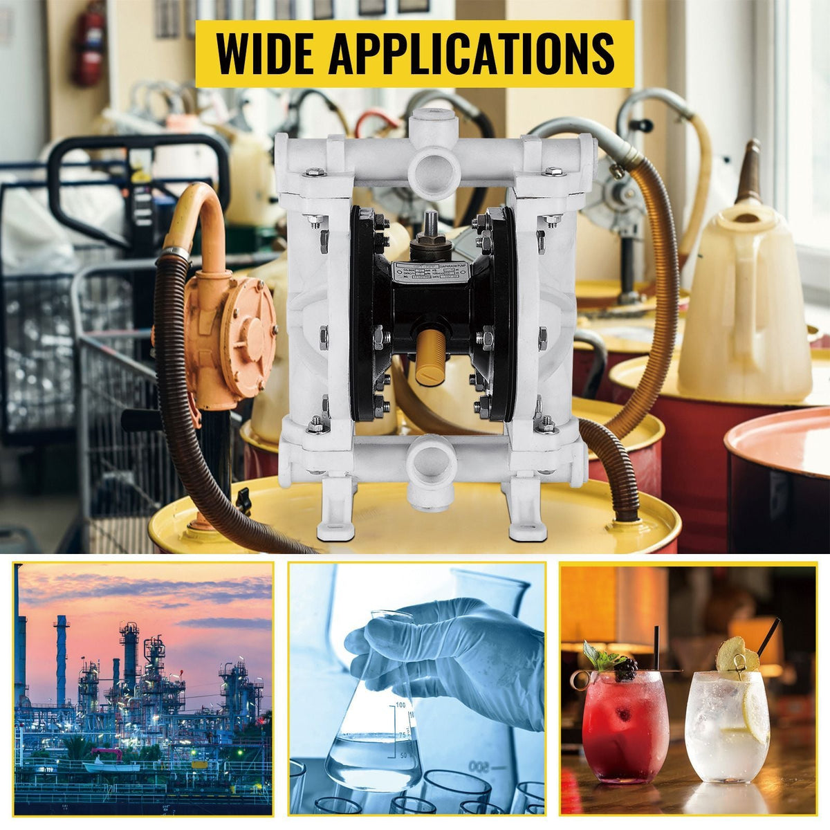 Air-Operated Double Diaphragm Pump, 1/2 in Inlet & Outlet, Polypropylene Body, 2.5 GPM & Max 80PSI, PTFE Diaphragm Pneumatic Transfer Pump for Petroleum, Diesel, Oil & Low Viscosity Fluids
