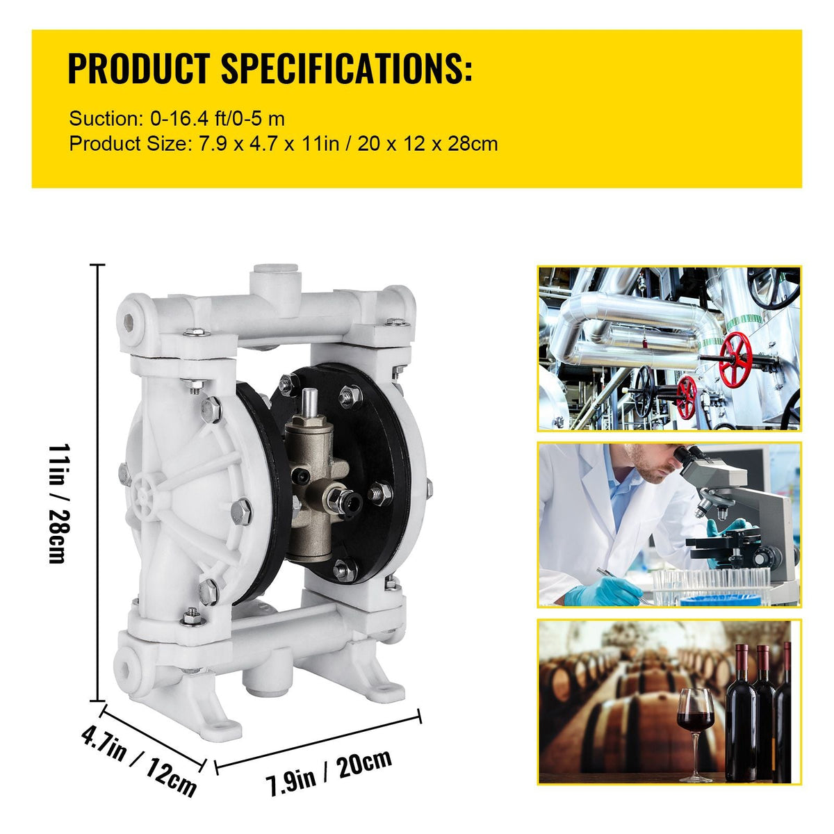 Air-Operated Double Diaphragm Pump, 1/2 in Inlet & Outlet, Polypropylene Body, 2.5 GPM & Max 80PSI, PTFE Diaphragm Pneumatic Transfer Pump for Petroleum, Diesel, Oil & Low Viscosity Fluids